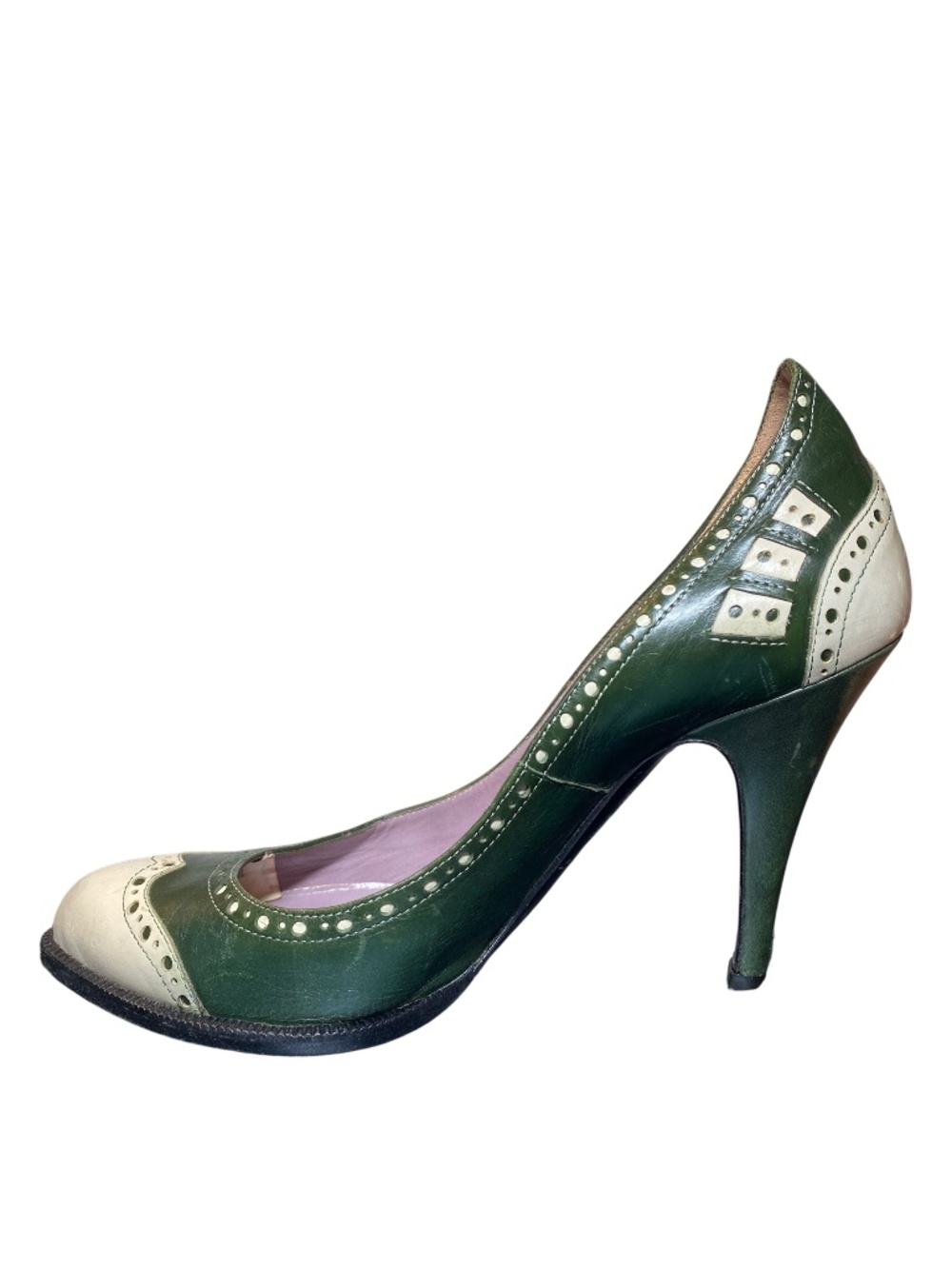Vintage Alberta Ferretti Green Cream Leather Brogue Wingtip Pumps Heels 37 7 - Picture 2 of 14